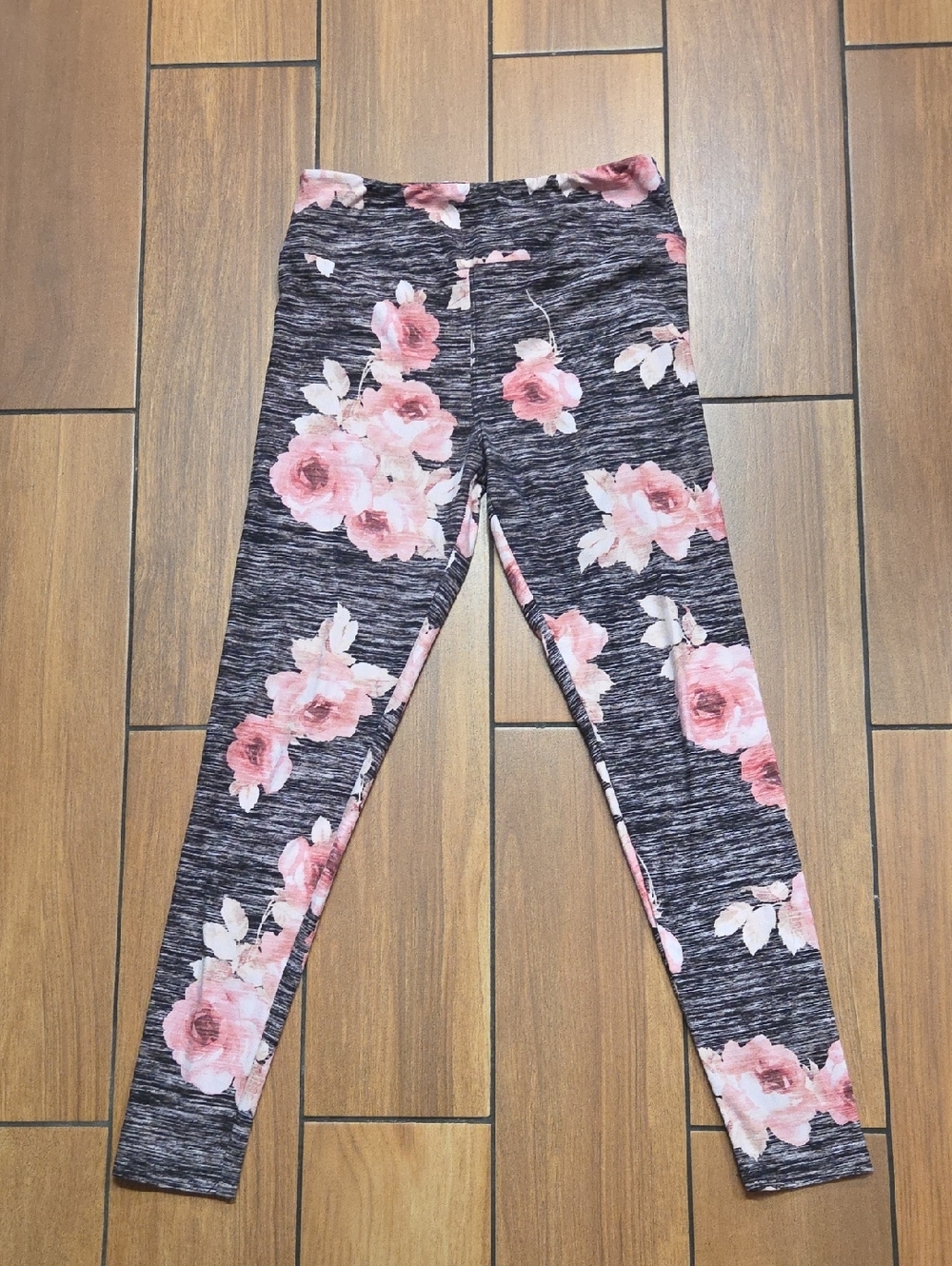 LuLaRoe Pink Floral Leggings on Charcoal Heather